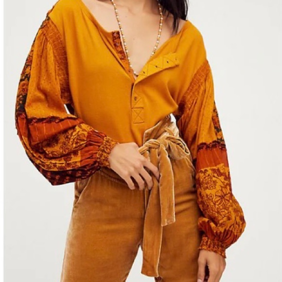 Free People Tops - Free People Yellow Light Magic Henley Blouse Sz Small